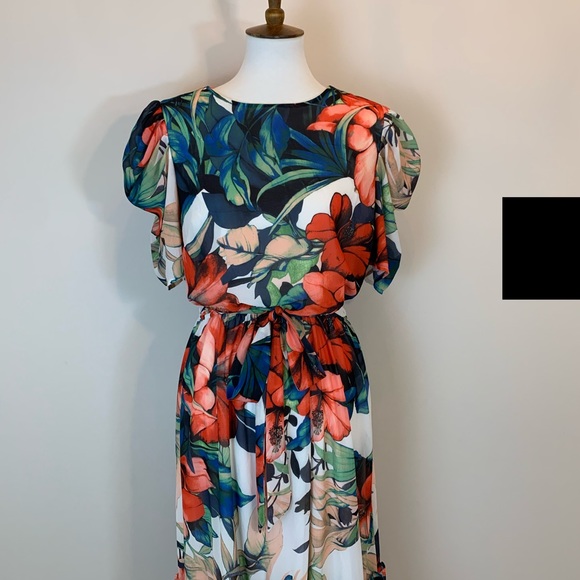 Floral puff sleeves waist tie ruffled midi dress L - Picture 5 of 16